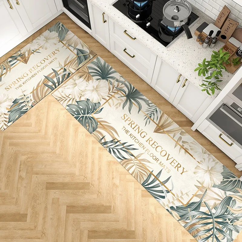 Carpet for Kitchen Pvc Leather Non-slip Floor Mat Waterproof Oil-proof Foot Mats Long Rug Green Plants Home Decoration Rugs