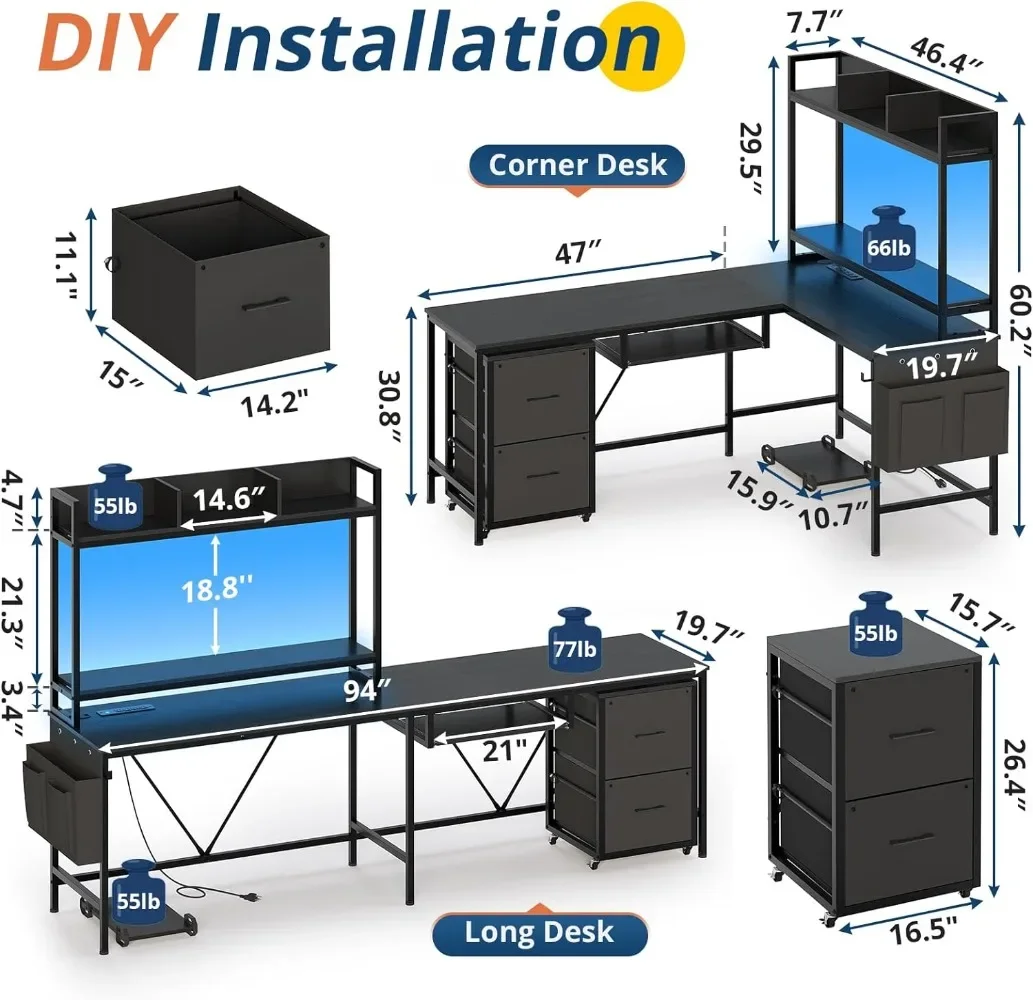 Gaming Desk Reversible Corner Computer Desk with Power Outlet & Led Strip Home Office Desks Drawer File Cabinet Keyboard Tray