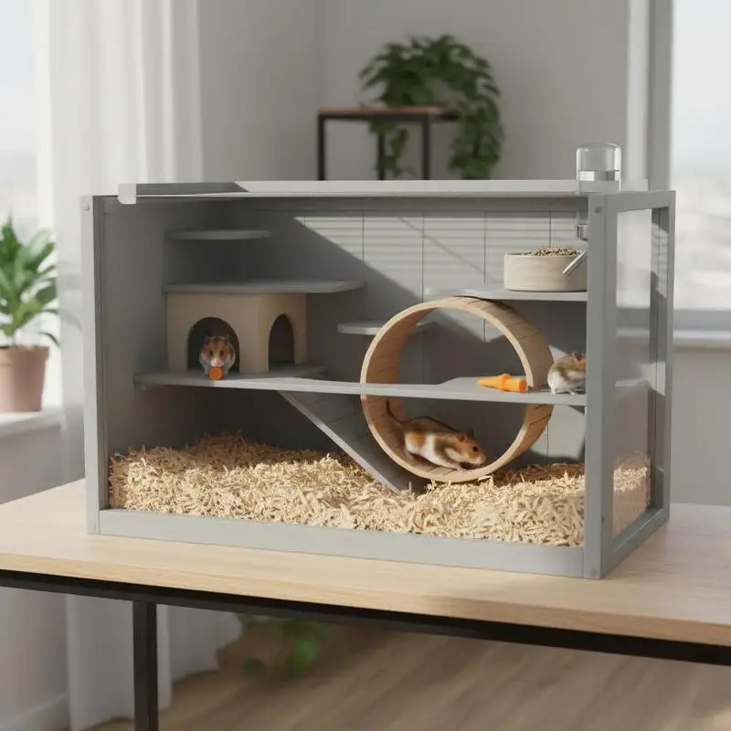 

Wooden Hamster Cage Mouse Mice Rodent Small Animals Hutch Exercise Play House 60 x 35 x 42cm, Grey