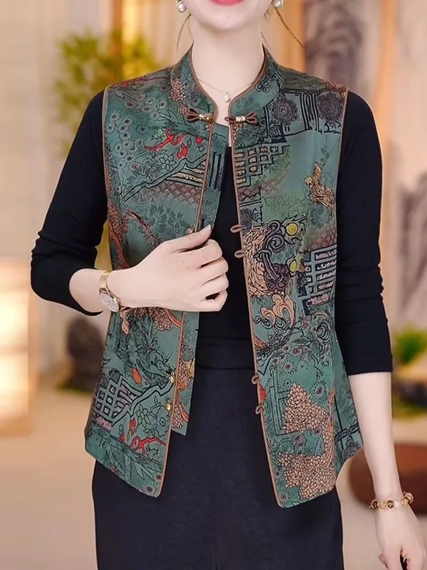 

Elegant Retro Button-Up Chinese Style Vest Outerwear for Women Spring Autumn Wearable Fashionable Mommy Jacket Polyester Fiber