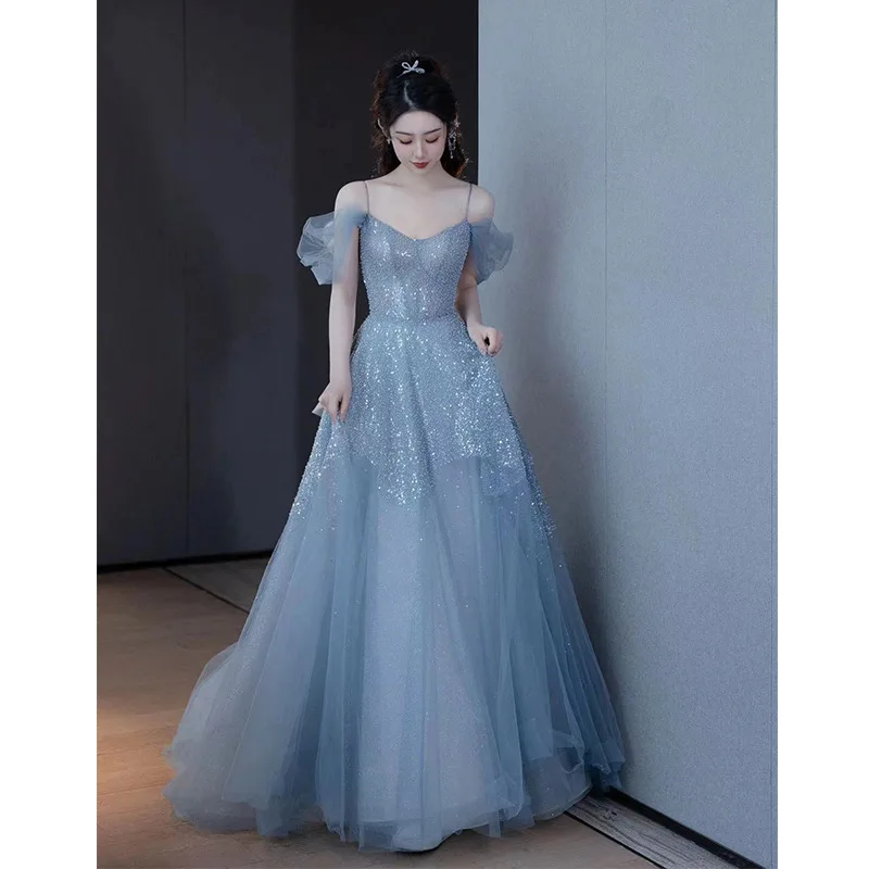 

Sparkling Blue Evening Dress Sexy Off Shoulder Birthday Party Gown Back Tulle Bow Trailing A-line Quinceanera Dresses