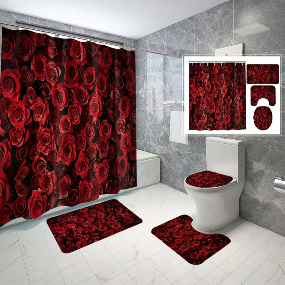 Floral Pattern Shower Curtain Set, Includes Toilet Lid Cover, U-Shape Rug, Waterproof Bathtub Curtain, Bathroom Accessories