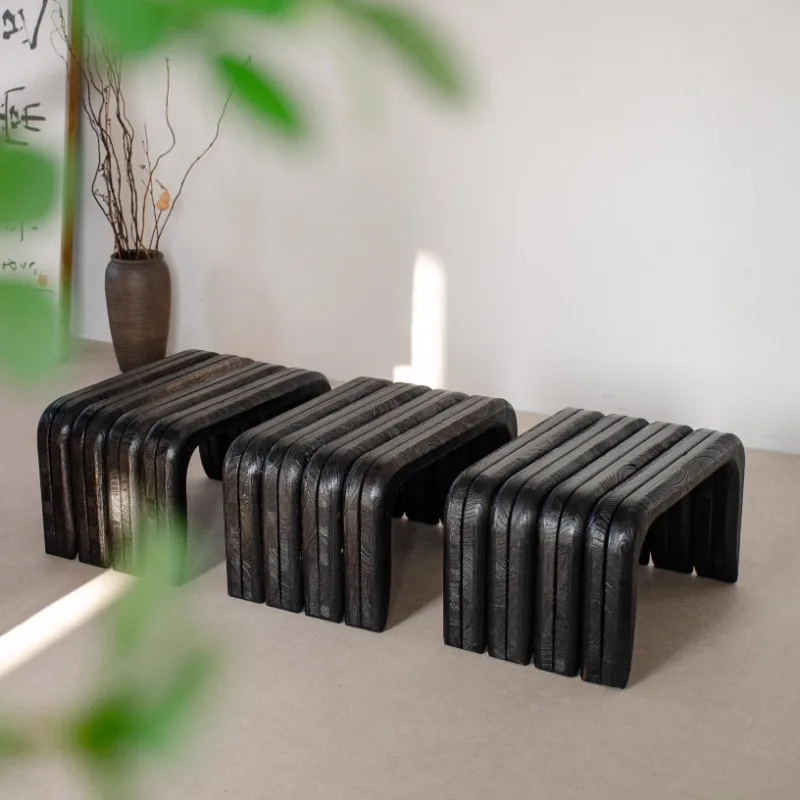 Solid Wood Wabi-Sabi Stool Vintage Entryway Bench Multi-Functional Low-Height Seat for Tea Ceremony & Zen Garden Decor