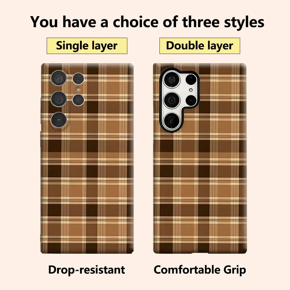 Coffee Plaid Luxury Fashion Full Lens Protective Case for Samsung Galaxy S26 S25 S24 A56 A36 Plus Ultra