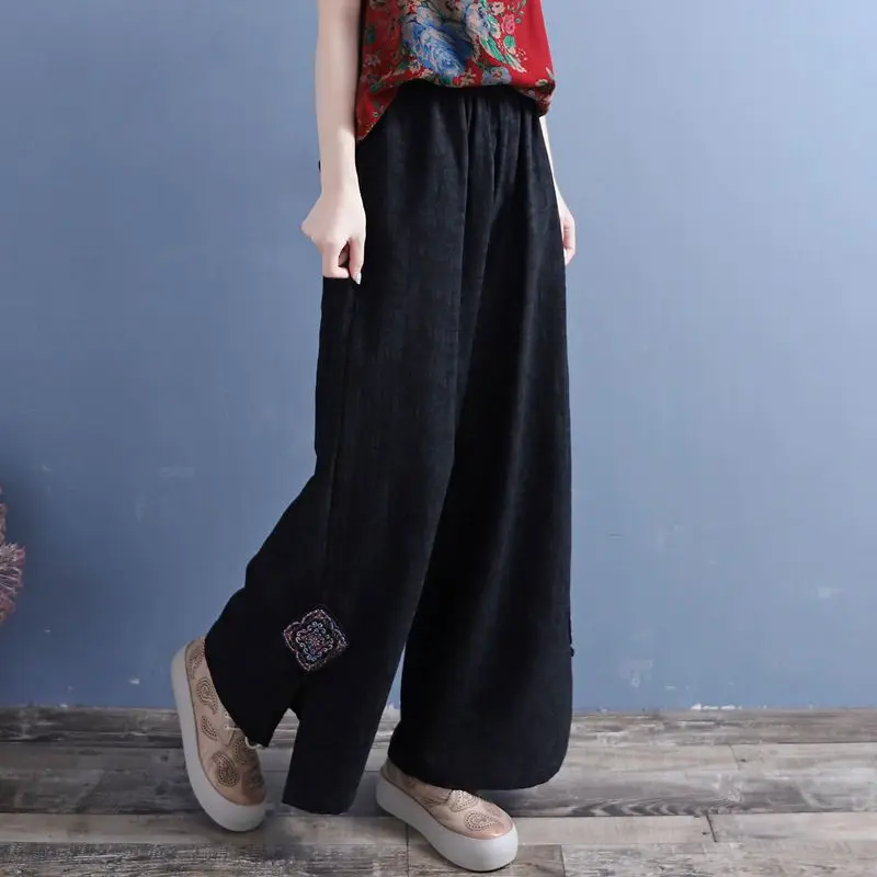 2023 Summer Fashion Ethnic Style Casual Loose Oversize Solid Color Retro Art High Waist Embroidered Pan Buckle Wide Leg Pants