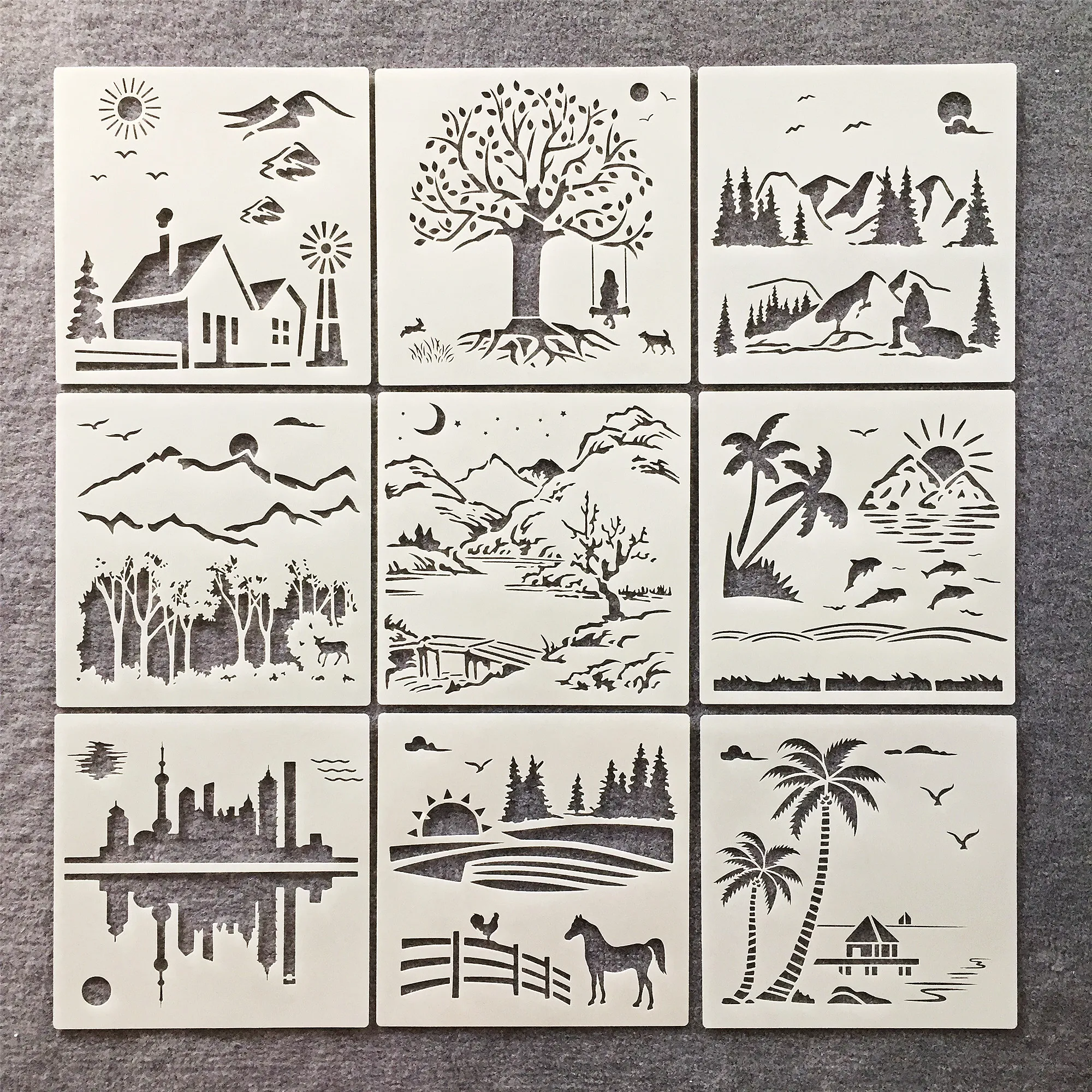 9Pcs/Lot 20cm City Country Farm Beach DIY Layering Stencils Wall Painting Scrapbook Coloring Embossing Album Decor Template