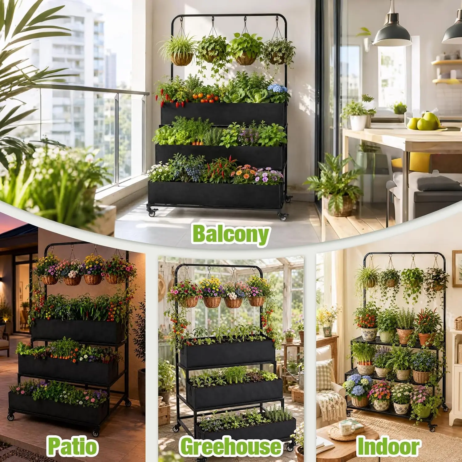 Vertical Garden Bed Mobile Raised Planter Stand Folding Plant Container With Wheels Fabric Grow Bags Metal Frame For Herb Vegetables Flowers Backyard Patio Deck Indoor Outdoor Use Black view 6