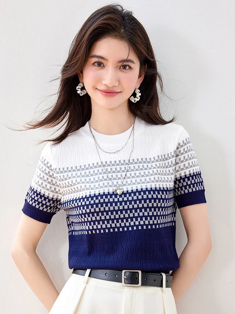 Korean Style Fashion O Neck Contrast Color Striped Tops 2024 New Summer Casual Short Sleeve Knitted T-Shirt