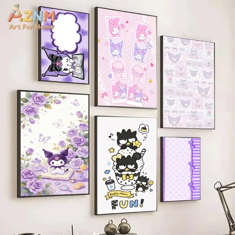 Sanrio Kuromi Canvas Wall Art Unframed Print Purple Floral Book Theme Cartoon Poster for Bedroom Dorm Home Interior Wall Decor