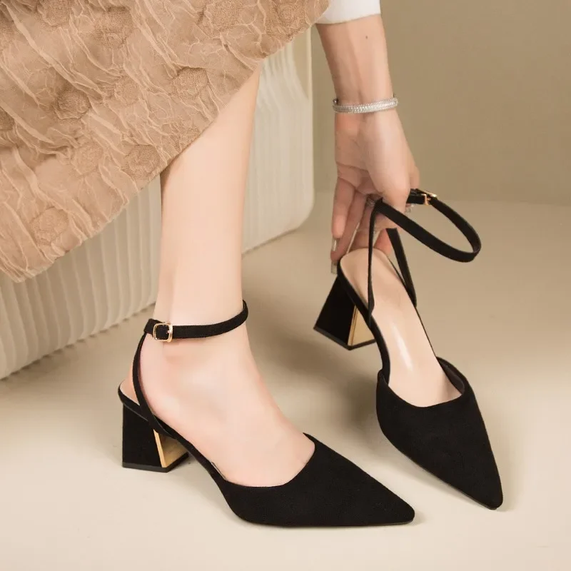 Summer New Pointed Fashion One Line Buckle Style Shallow Mouth Sandals Women's Comfortable Banquet Shoes High Heel Pumps