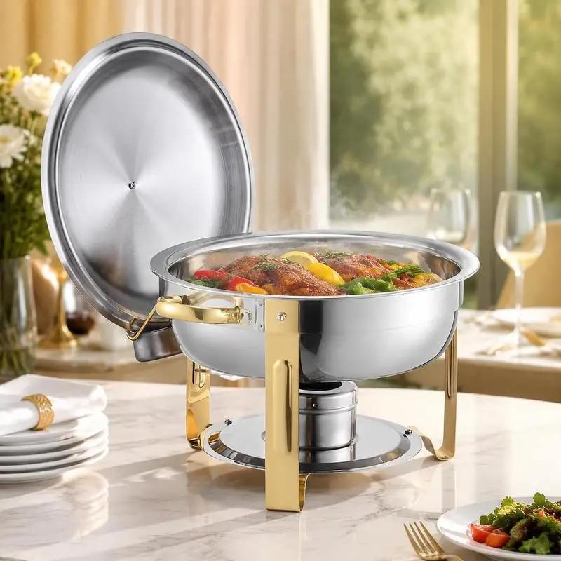 Réchaud de buffet avec 4 conteneurs pleine grandeur (4,7 L chacun), chauffe-plats rond pour traiteur avec couvercle, bac à eau et support pliable, pour mariages et réceptions, doré