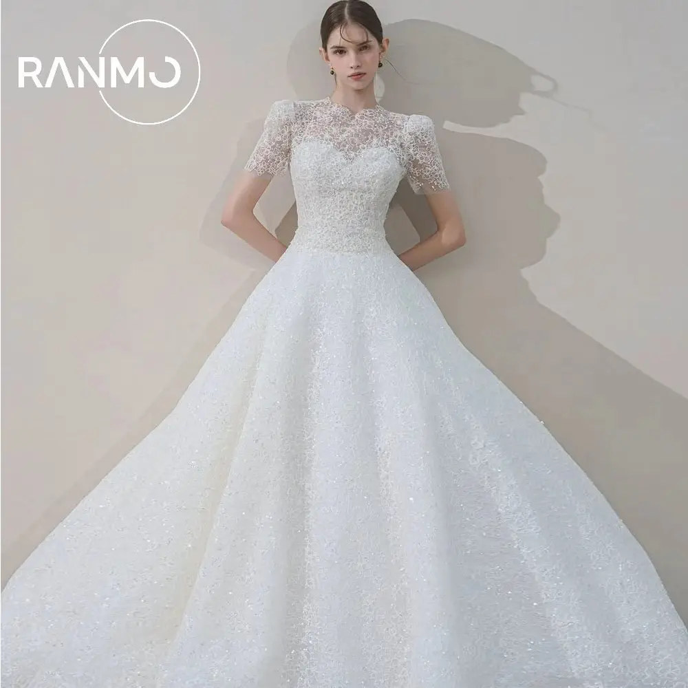 

Ranmo Индивидуальное изысканное свадебное платье трапециевидной формы с пышными рукавами 2026 с круглым вырезом длиной до пола, свадебное платье, кружевное платье De Mariée