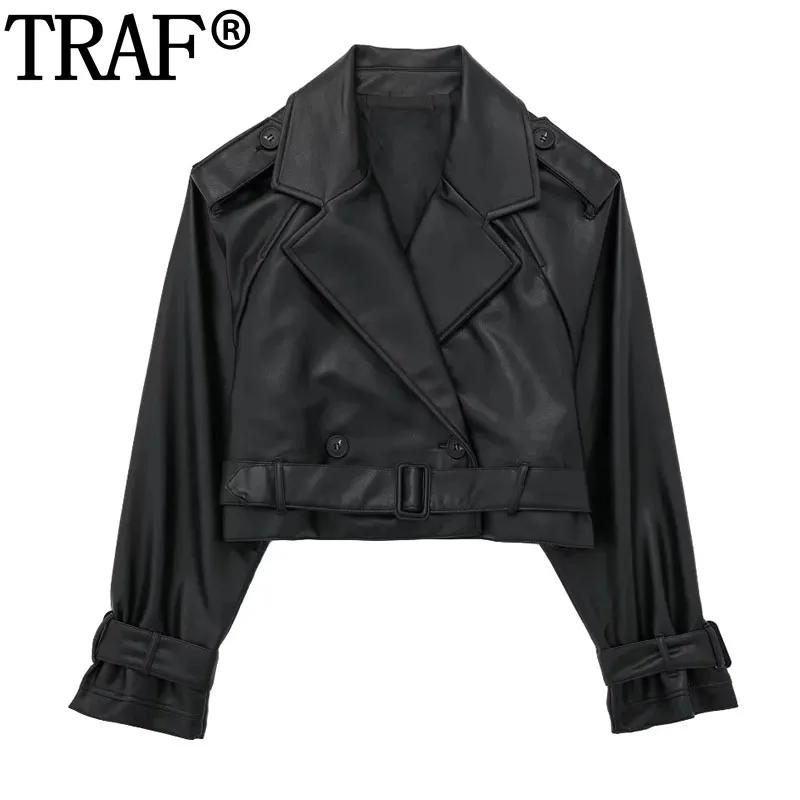 TRAF Faux Leather Jacket Women Windbreaker Cropped Black Jacket Woman Long Sleeve Trench Coat For Women Y2k Belt New In Jackets