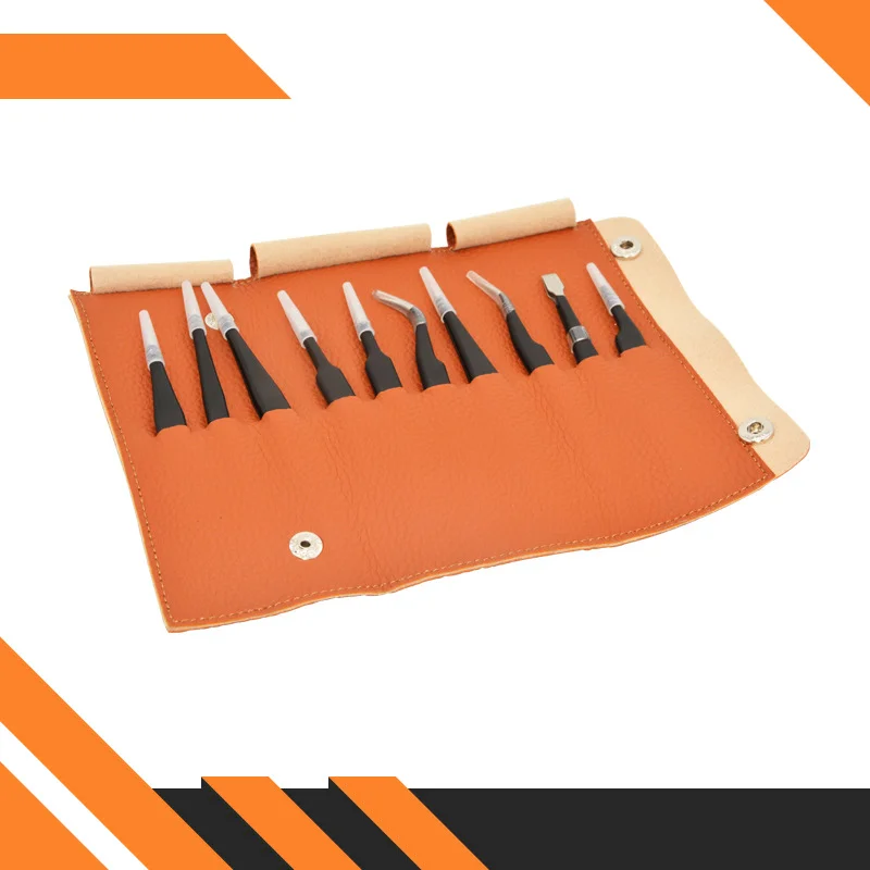 10 قطعة الفولاذ المقاوم للصدأ الدقة الاستاتيكيه حقيبة جلدية الملقط مجموعة أدوات الصيانة المهنية مستقيم الكوع ESD الجمال مجموعة #2