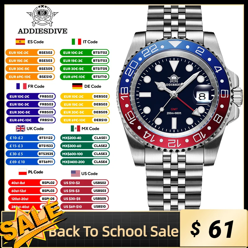 

ADDIESDIVE Men’s Quartz Watches Stainless Steel GMT Movement Analog Wristwatch BGW9 Luminous 200m Waterproof Dive Sports Watches
