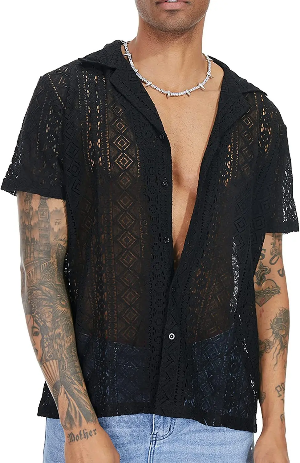 

New Fashion Men's Casual Short-sleeved Lace Lapel Button Hollow Cool See-through Shirt Top