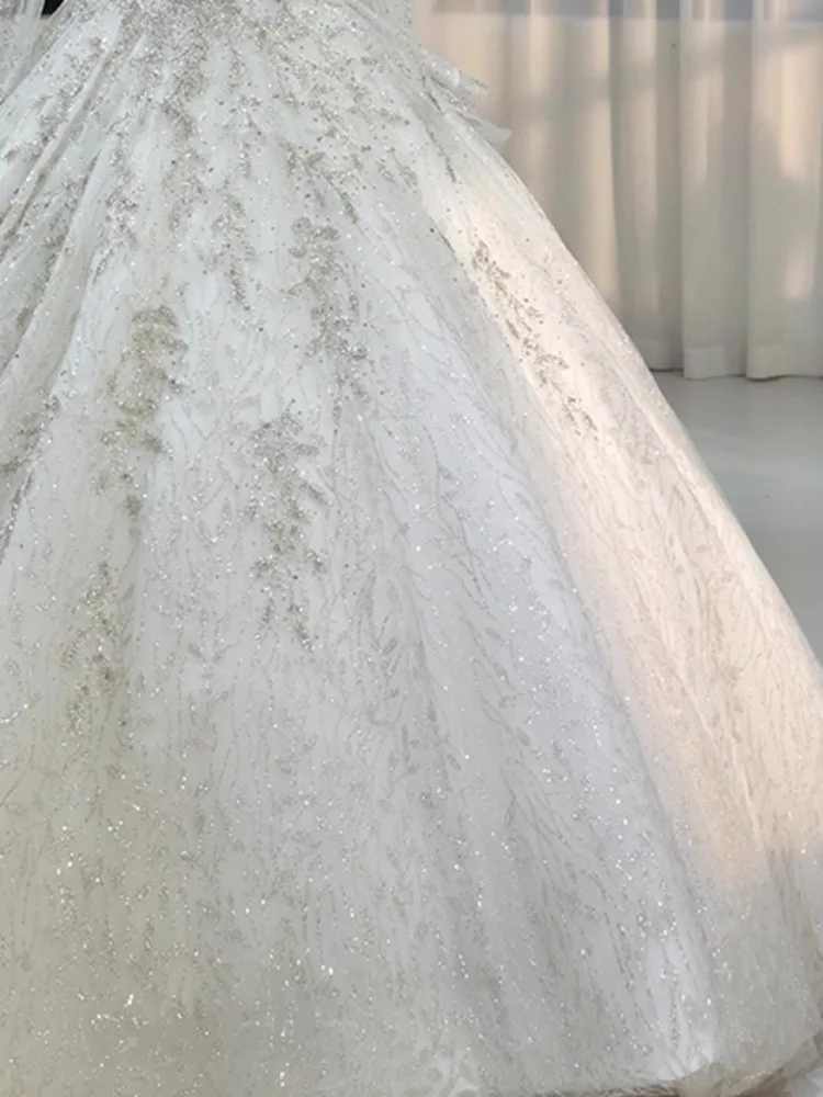 DFDG Vestido de novia de alta costura con cuello en V, manga larga, blanco, lujoso, trabajo pesado, encaje, novia, ceremonia principal de primavera y verano, 2025