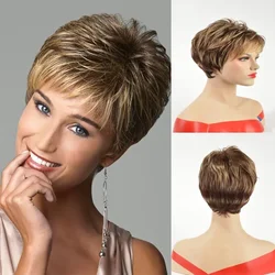 Women‘s Fashion Short Wigs with Bangs Pixie Cut Soft Straight Wigs Brown Synthetic Hair Wig Costume Party Wig for Women