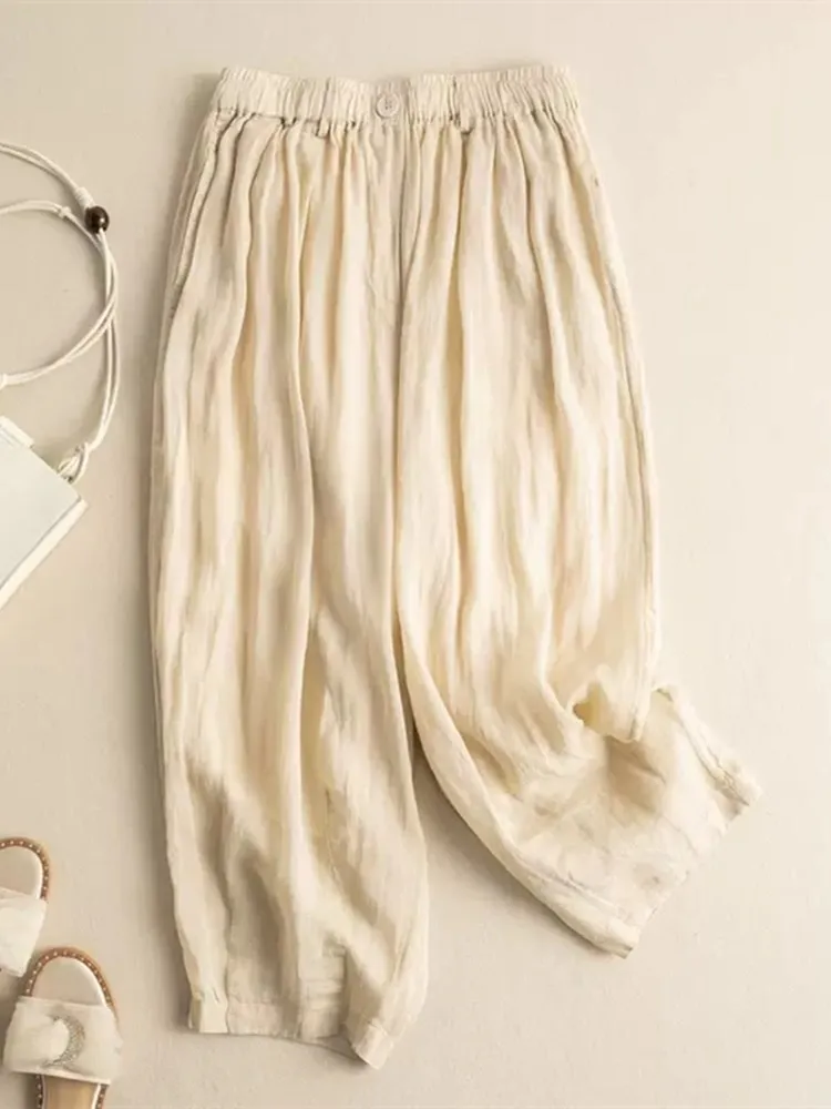 กางเกงลำลองผ้าฝ้ายลินินสำหรับฤดูร้อน ทรงฮาเร็ม ผู้หญิง ไซส์พลัส แฟชั่น ทรงเก้าส่วน ช่วยให้ดูผอม เอวสูง เหมาะสำหรับใส่ไปทำงาน...