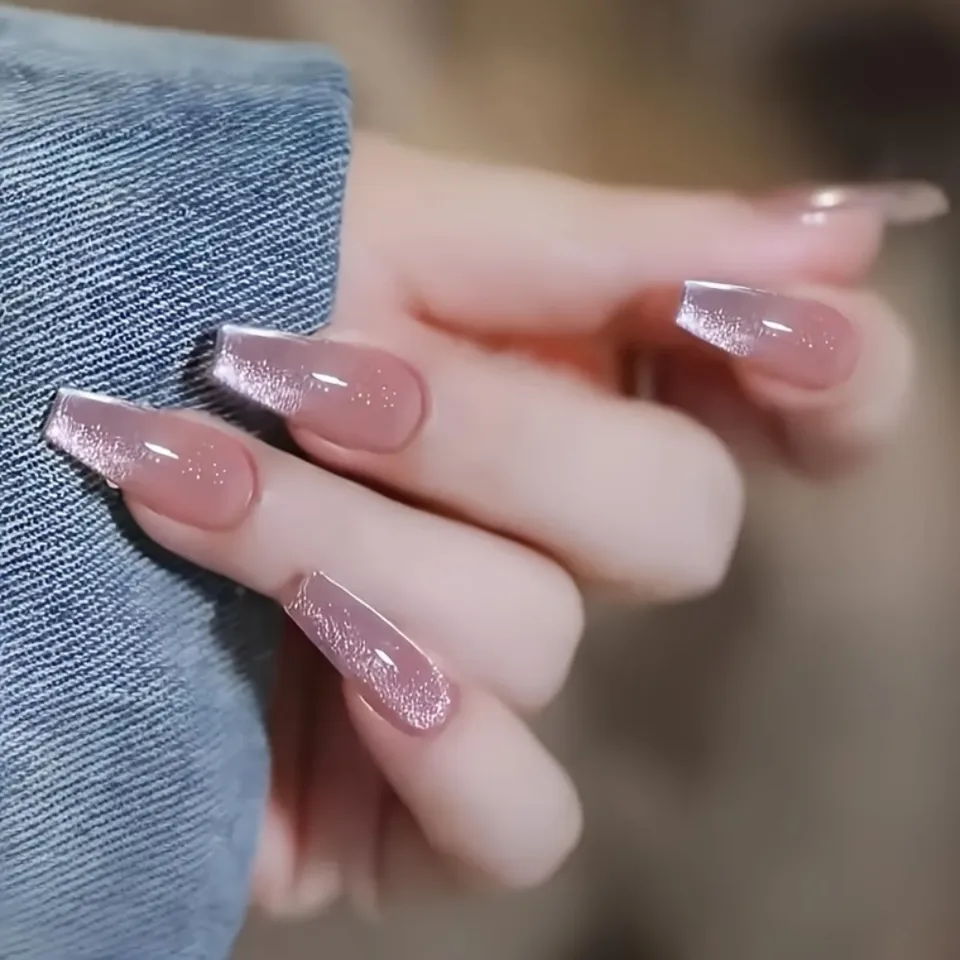 24 piezas de uñas postizas brillantes con efecto ojo de gato rosa glitter, forma de ballet larga, degradado brillante, con lima de uñas y pegamento de gel, reutilizables 2