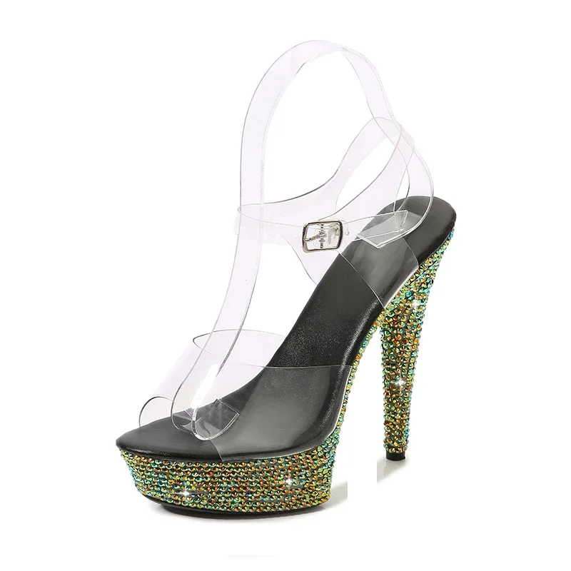 Nightclub Woman Sandals 13cm Spike Heels Sandalias Rhinestone Decoration Sandals Stage Performance Platform Pumps Plus Size