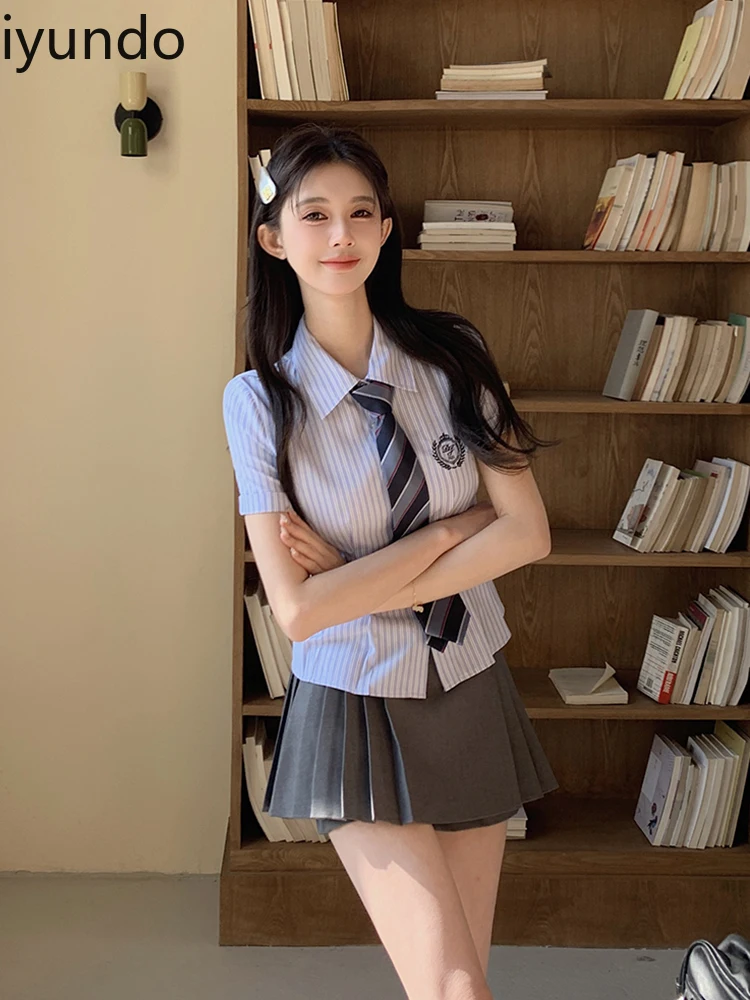 Japanse schoolmeisjesuniform blouse met korte mouwen voor dames |   Preppy lente zomer blauwe slim fit tops shirts voor dames