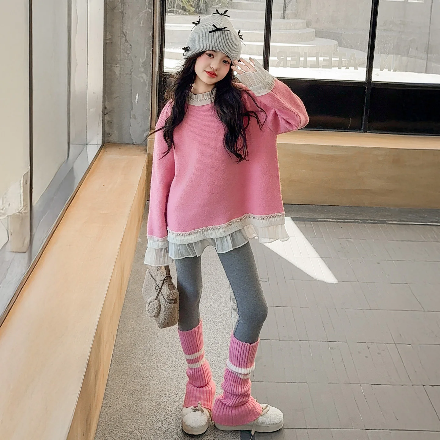 25AW Baby Girl Vintage Fashion Spring Autumn Cute Knitwear Kids Beaded Neck Round Knit Sweater Children Autumn Winter Clothes