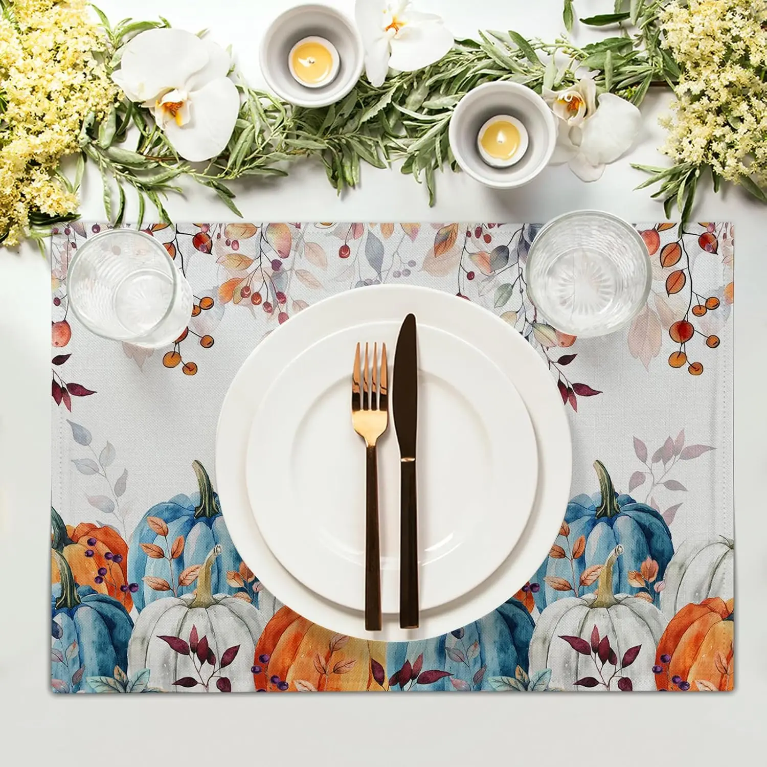 Fall Pumpkins Maple Leaf Placemats Party Decor Washable Thanksgiving Autumn Harvest Kitchen Dining Table Mats Autumn Decorations