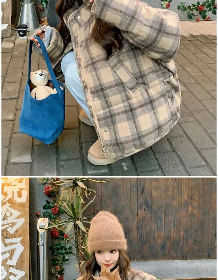 Retro Plaid Short Padded Jacket for Women Autumn Winter Maillard Style Thick Warm Outerwear Female Casual Korean Puffer Jackets
