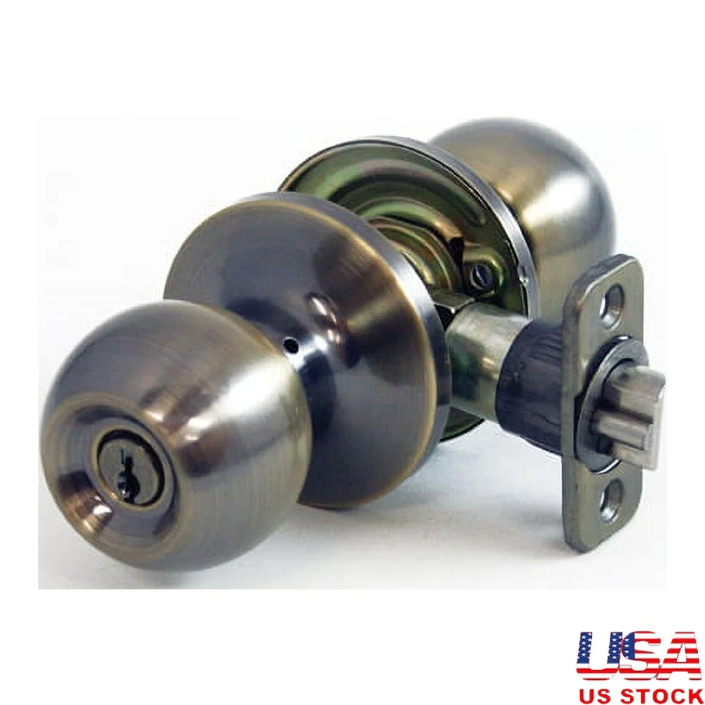 

Antique Brass Ball Entry Locking Door Knob Set Durable Keyed Deadlatch Adjustable Backset Reversible Front Back Garage Doors