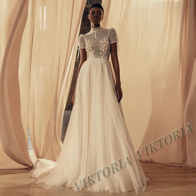 VIKTORIA Vintage Wedding Dresses Crystals Shiny Tulle High Neck For Women 2025 A LINE Appliques Vestidos De Novia Customized AliExpress