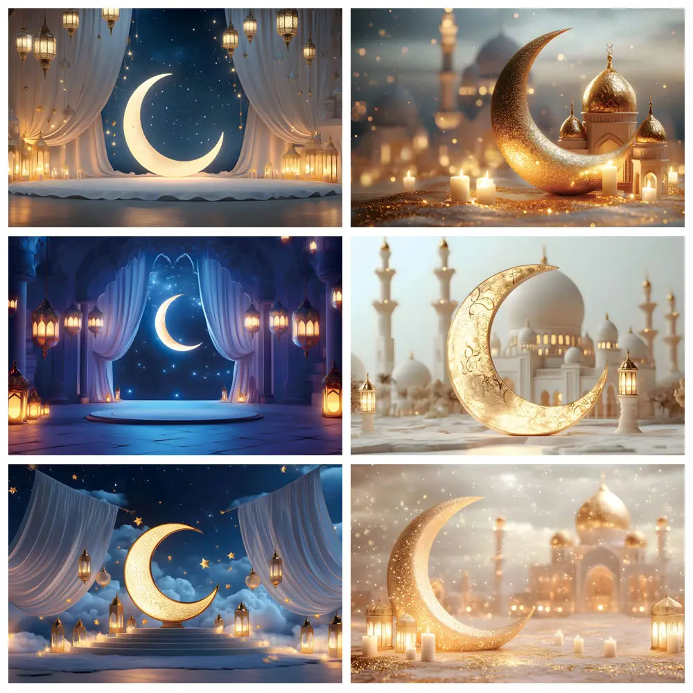 Eid Mubarak Photography Backdrops Mosque Gold Moon Lantern Muslim Ramadan Kareem Islamic Festival Party Decor Photo Background