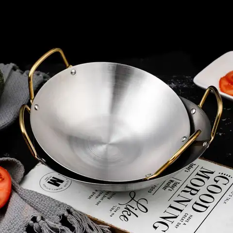 두 개의 황금 손잡이가 있는 내구성이 뛰어난 스테인레스 스틸 건조 냄비 한국 수프 팬 둥근 바닥 냄비 라면
