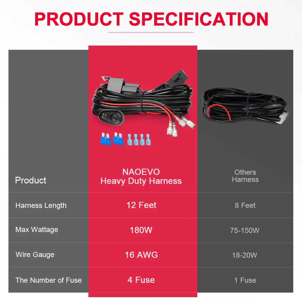 NAOEVO Wiring Harness Kit For 2 Lights 1 Light Fuse On-off Switch 12v 40a Relay 180 Watt / 300w For 4-52 Inch Led Work Light Bar