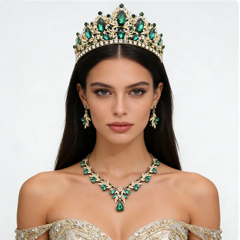 Vintage Baroque Rhinestone Crown Jewelry Set Luxury Crystal Tiara Necklace Earrings for Women Wedding Prom Pageant Birthday Part
