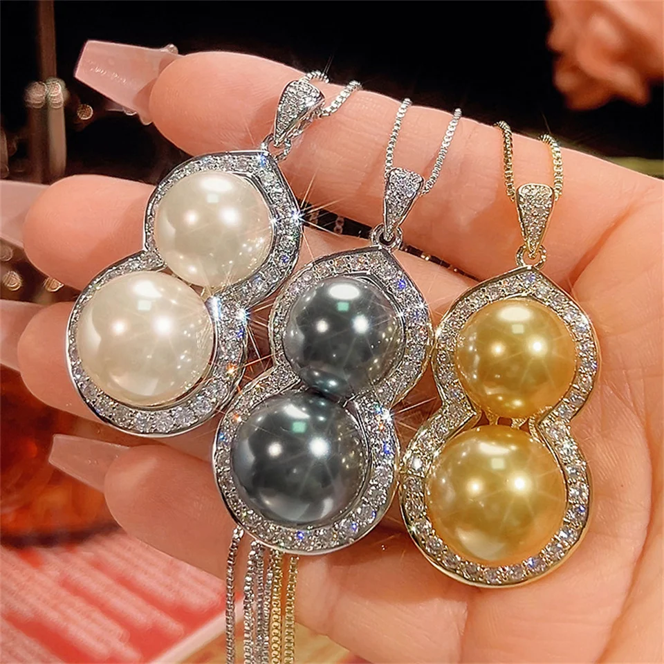 

New Golden Pearl Gourd Pendant Lucky Double Pearl Diamond Stainless Steel Necklace For Peace And Wealth Stainless Steel Jewelry