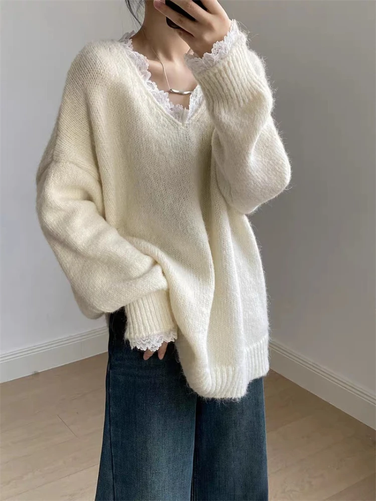 New Autumn Winter Elegant V-neck Lace Women's Long-sleeved Sweater Fashion Loose Knitted Shirt Casual Solid Color Pullover