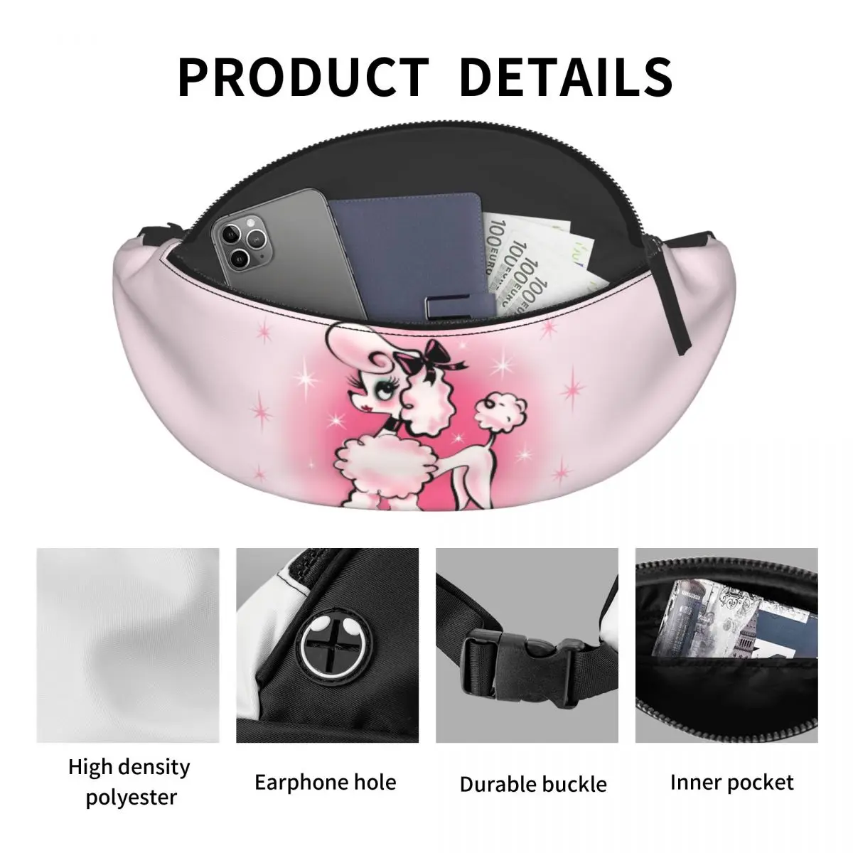 Cool Posh Poodle On Pink riñonera para hombres y mujeres, bolso de cintura cruzado de perro de dibujos animados para correr, bolsa de dinero para teléfono