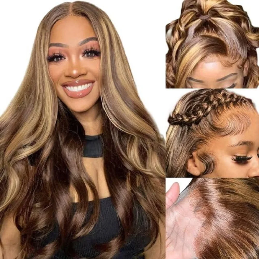 26 Inch Highlight Ombre Lace Front Wig Human Hair 13x4 HD Lace Ombre Blonde Wig Human Hair 4/27 Piano Colored Body Wave Wig