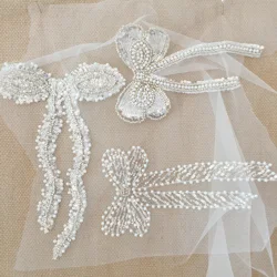 Eleganti applicazioni in pizzo a rete con fiocco in paillettes con perline, velo da sposa, design per copricapo per bambini, toppe carine, accessori di abbigliamento, 3 pezzi/confezione