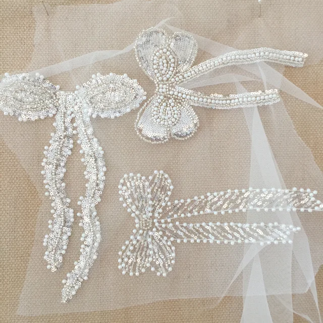Eleganckie koronkowe aplikacje z kokardką z cekinami i koralikami, welon ślubny, nakrycie głowy dla dzieci, urocze naszywki, akcesoria odzieżowe, 3 sztuki / opakowanie