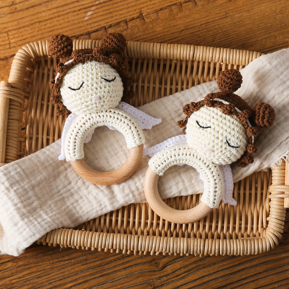 1PC Crochet Animal Bear Rattle Toys Soother Music Hand Bell Wooden Teether Ring Baby Rattle Mobile Pram Angel Crib Wooden Toys