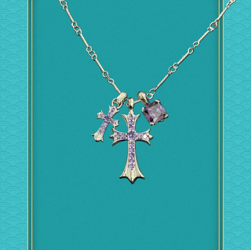 

Ожерелье с подвеской в виде фиолетового кристалла с крестом золотого тона - роскошные острые эффектные ювелирные изделия