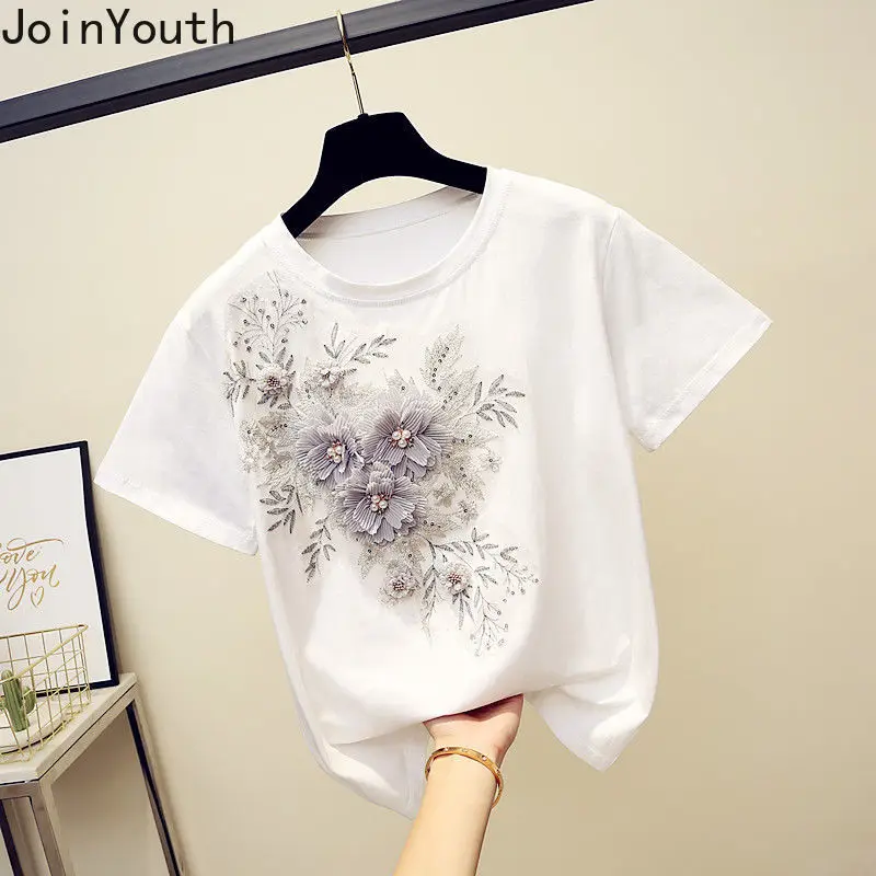 Magliette da donna bianche o-collo manica corta 3D Floral Summer Tees 2024 Ropa Mujer top oversize moda Casual t-shirt coreana 7 n700