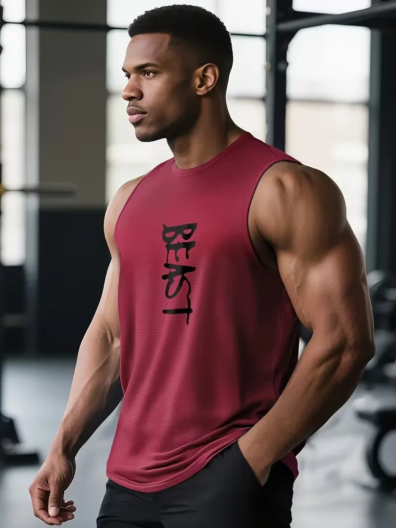 Fashion Fitness BEAST Letter Print Graphic Men's Round Neck Quick Drying Running Tank Top Leisure Breathable Outdoor Sports Vest