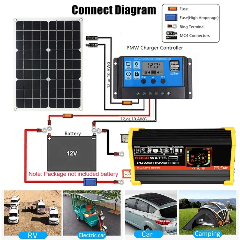 6000W Solar Panel Kit Solar Power System 12VTo 220V Battery Charger Inverter Charger Controller Set for RV Travel Trailer Camper