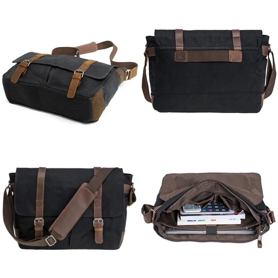 

Vintage Genuine Leather Waxed Canvas Briefcase Large Satchel Shoulder Bag Rugged Computer 15.6" Laptop Bag