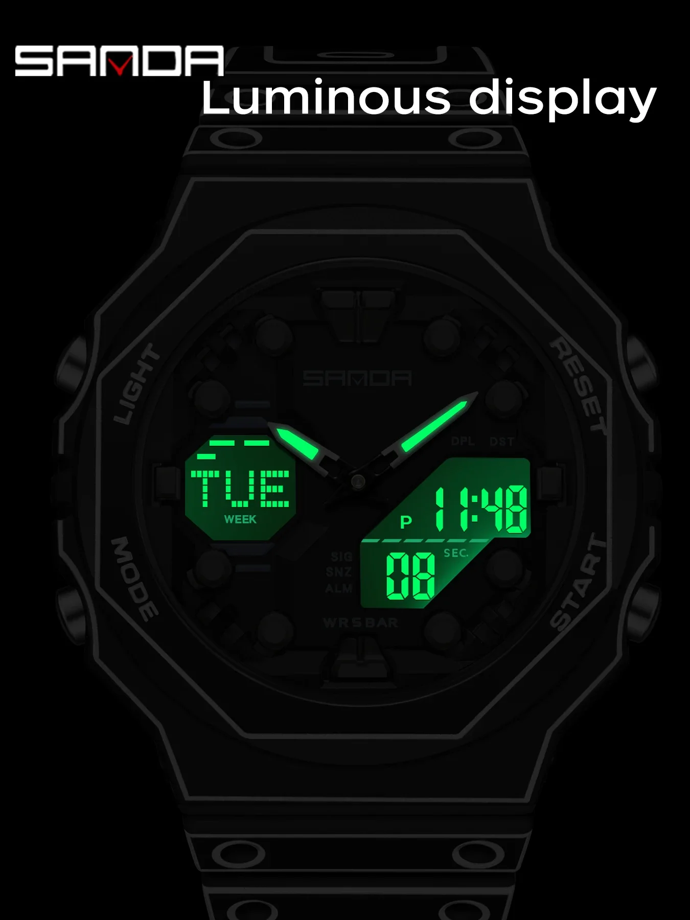 SANDA Military Outdoor Sport Dual Display Quartz Watch LED Luminous 5Bar Waterproof Stopwatch Countdown Multifunction Men Watch - view 5