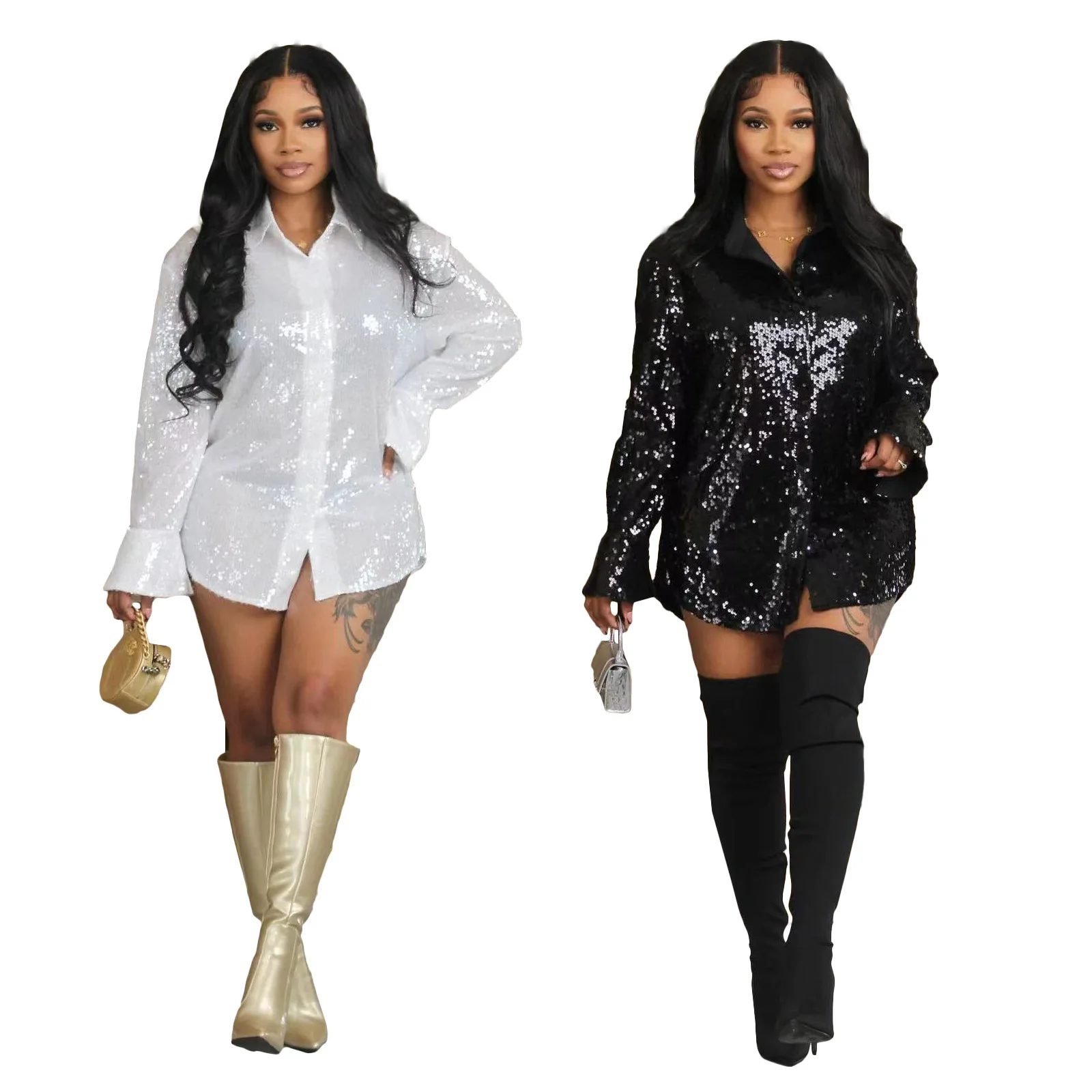 D8657 2025 유럽 여성용 스트레치 단색 스팽글 루즈핏 긴팔 약간 플레어드 셔츠 드레스