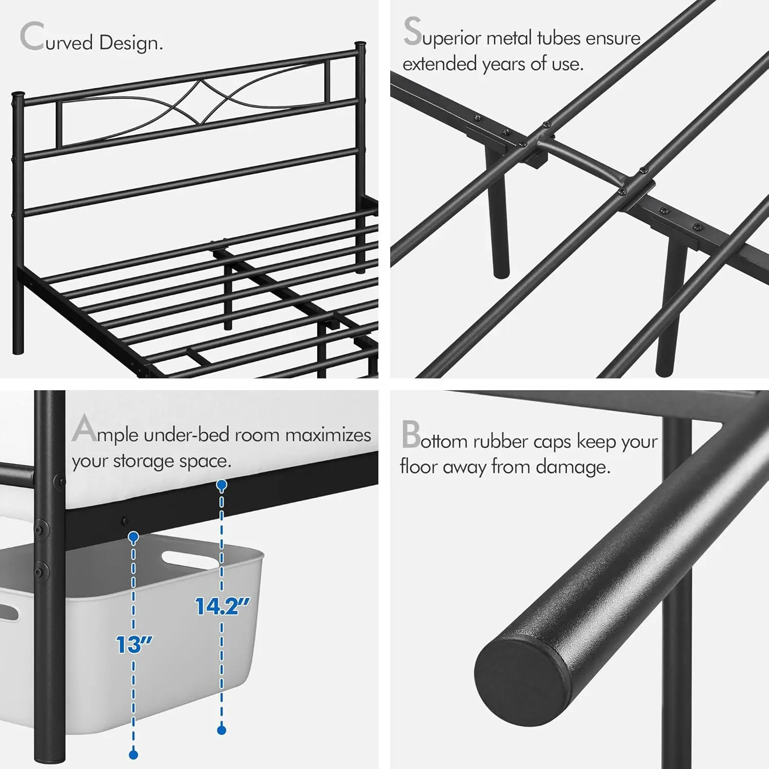 Metalen Groot Bedframe, Matrasfundering Met Gebogen Hoofdeinde En Voetensteun, Zware Ondersteuning, Eenvoudig Te Monteren, Zwart